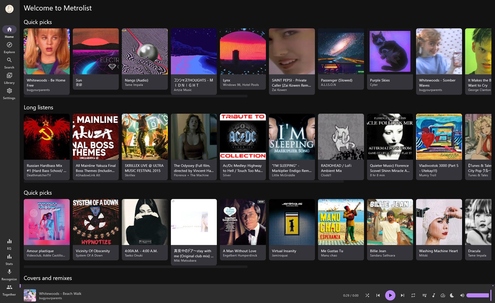 Lyrenne running on Windows 11, showing the YouTube Music home feed with quick picks and the player bar